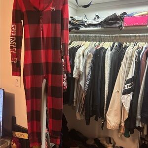 PINK Victoria's Secret Red and Black Plaid Onesie Pajama bling rare worn one day